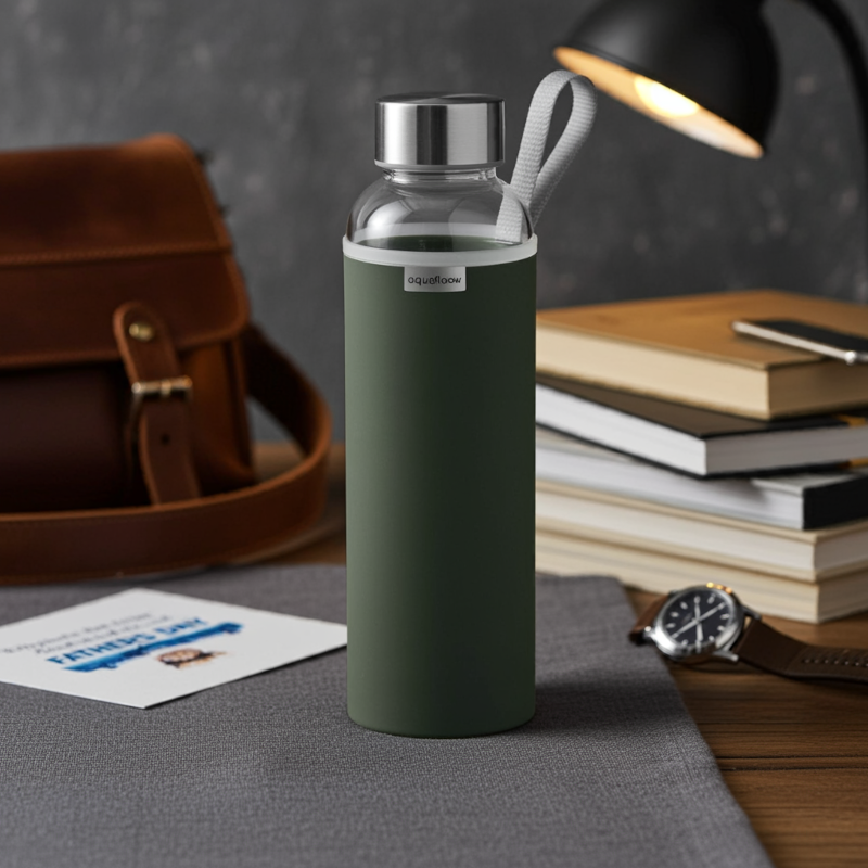 Szklana butelka na wodę w zielonym, neoprenowym etui AquaFloow 700 ml Szklana butelka na wodę w zielonym, neoprenowym etui AquaFloow 700 ml