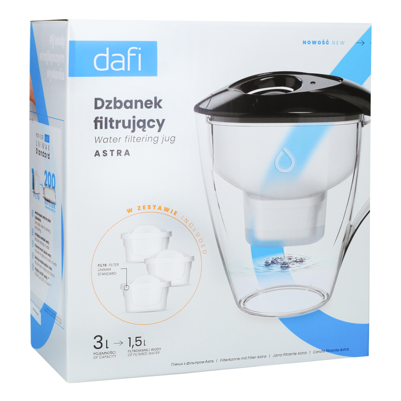 Dzbanek filtrujący Dafi Astra 3 l czarny z wkładem filtrującym Dafi Unimax Dzbanek filtrujący Dafi Astra 3 l czarny z wkładem filtrującym Dafi Unimax