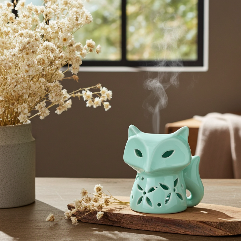 Ceramiczny miętowy lisek kominek zapachowy do wosków i olejków
