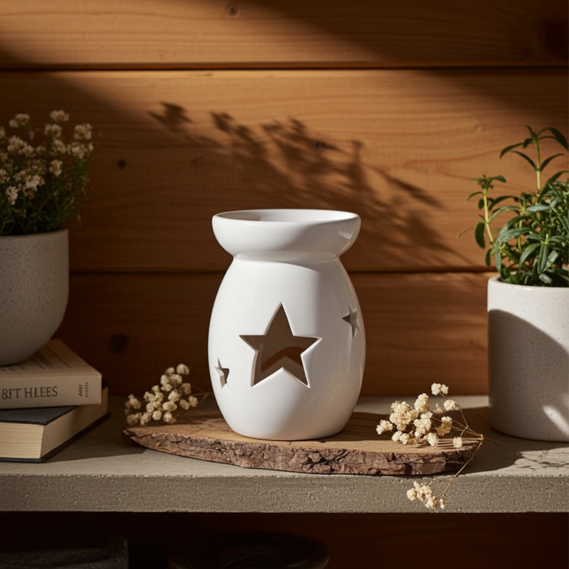 Ceramiczny, biały kominek zapachowy do wosków i olejków 14x10 cm
