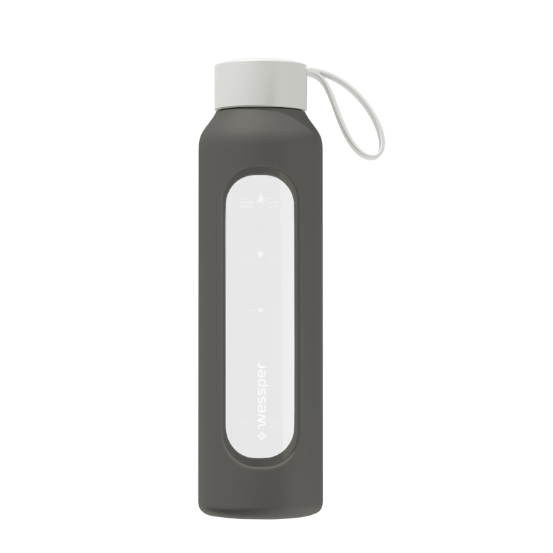 Szklana butelka na wodę 0,5 l Wessper B1 Borosilicate Grey – szczelna, bez BPA, z miarką