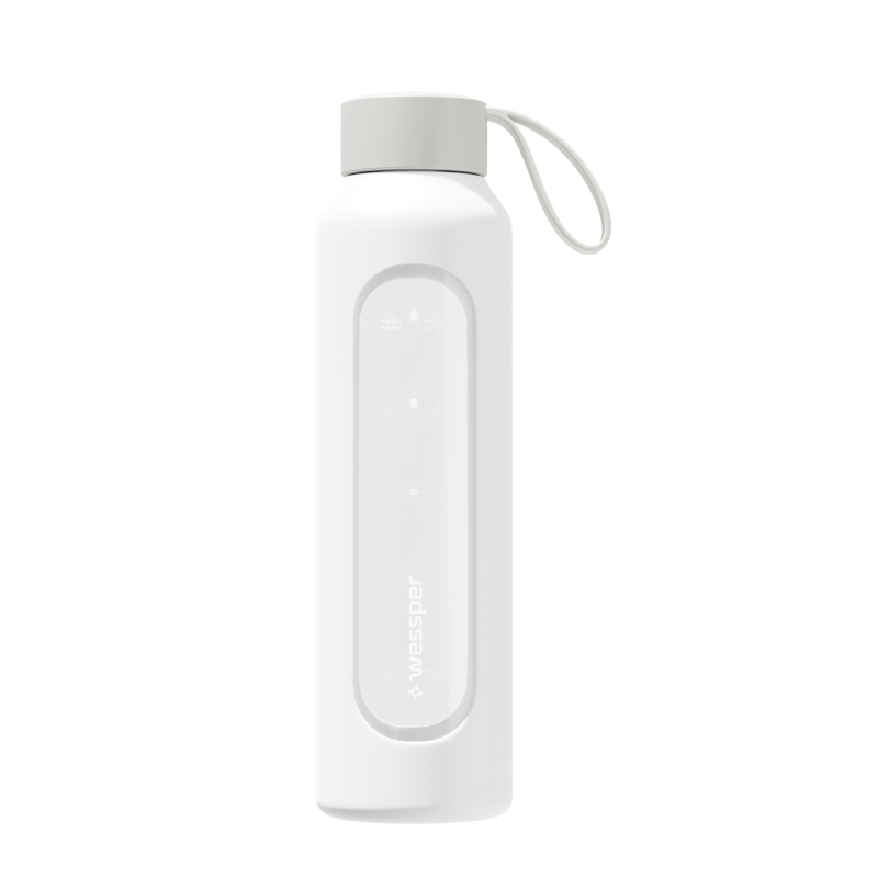 Szklana butelka na wodę 0,5 l Wessper B1 Borosilicate White – szczelna, bez BPA, z miarką