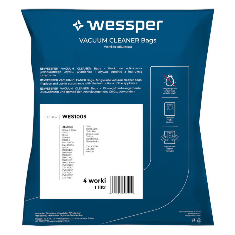 Worki syntetyczne Wessper HomeLine kompatybilne z odkurzaczami Zelmer Cobra, Orion, Syrius, Twist, Twister 4 szt. + filtr