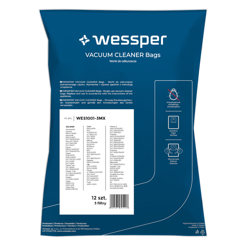 Worki syntetyczne Wessper Homeline SAFBAG kompatybilne z odkurzaczami Zelmer, Bestron, Hanseatic 12 szt + 3 filtry