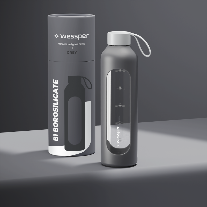 Szklana butelka na wodę 1 l Wessper B1 Borosilicate Grey – szczelna, bez BPA, z miarką