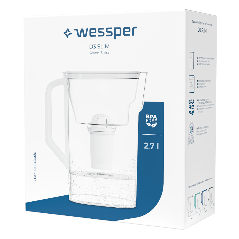 Dzbanek filtrujący Wessper D3 Slim Aquaclassic 2,7 l niebieski z filtrem Aquaclassic Dzbanek filtrujący Wessper D3 Slim Aquaclassic 2,7 l niebieski z filtrem Aquaclassic