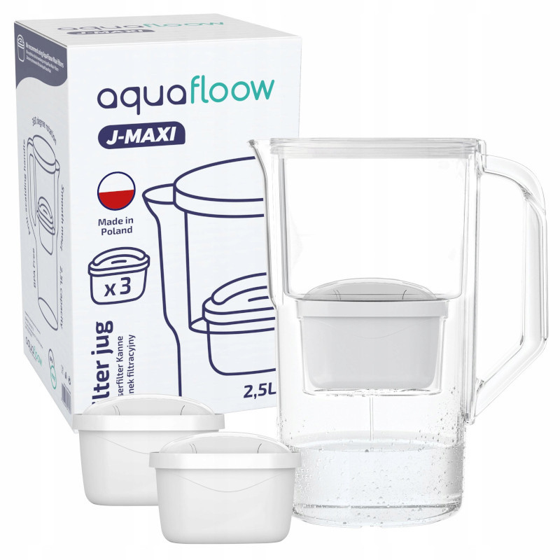 Dzbanek filtrujący Aquafloow J-Maxi biały 2,5 l w zestawie z trzema filtrami Aquafloow Maxi