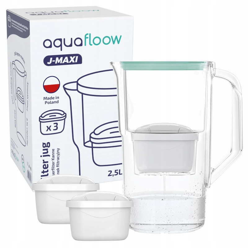 Dzbanek filtrujący Aquafloow J-Maxi miętowy 2,5 l w zestawie z trzema filtrami Aquafloow Maxi