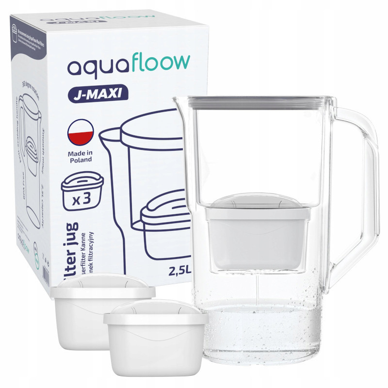 Dzbanek filtrujący Aquafloow J-Maxi szary 2,5 l w zestawie z trzema filtrami Aquafloow Maxi