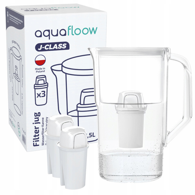 Dzbanek filtrujący Aquafloow J-Class biały 2,5 l w zestawie z trzema filtrami Aquafloow Class