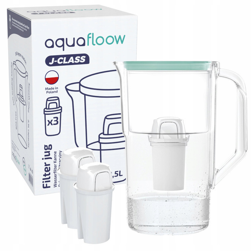 Dzbanek filtrujący Aquafloow J-Class miętowy 2,5 l w zestawie z trzema filtrami Aquafloow Class