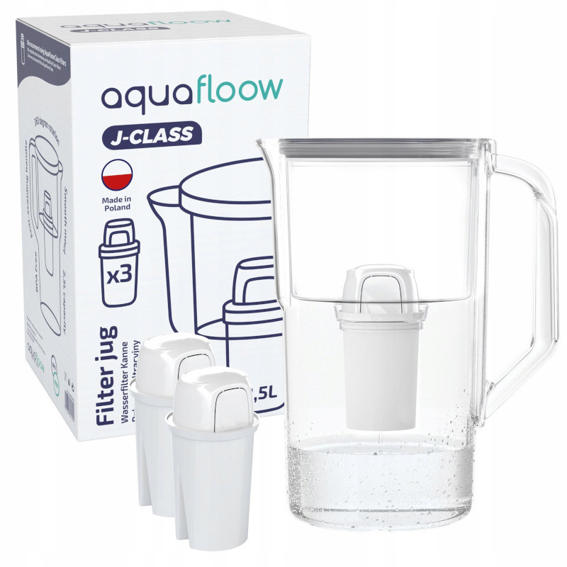 Dzbanek filtrujący Aquafloow J-Class szary 2,5 l w zestawie z trzema filtrami Aquafloow Class
