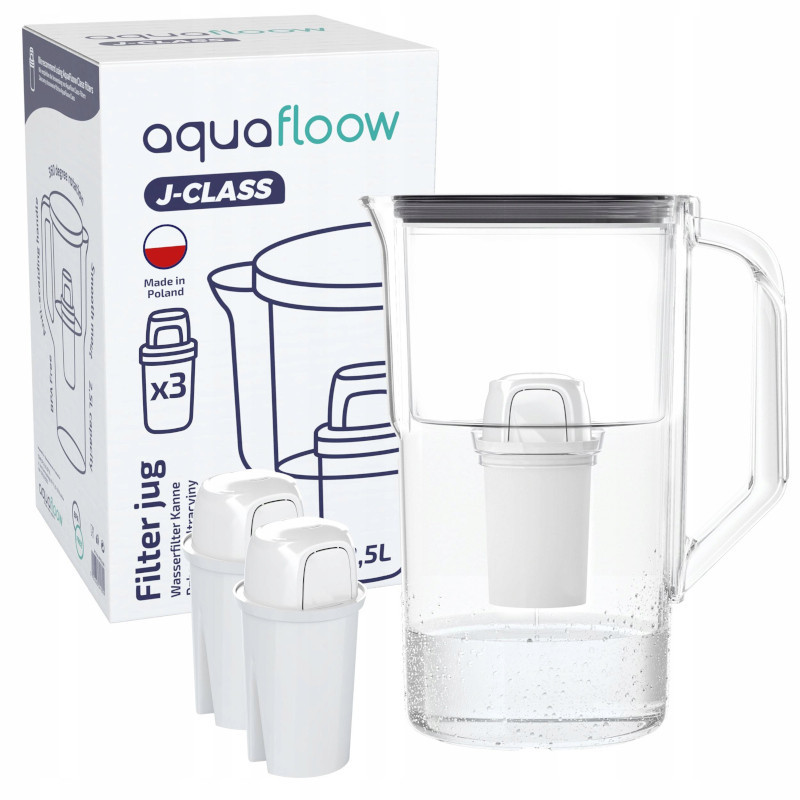 Dzbanek filtrujący Aquafloow J-Class czarny 2,5 l w zestawie z trzema filtrami Aquafloow Class