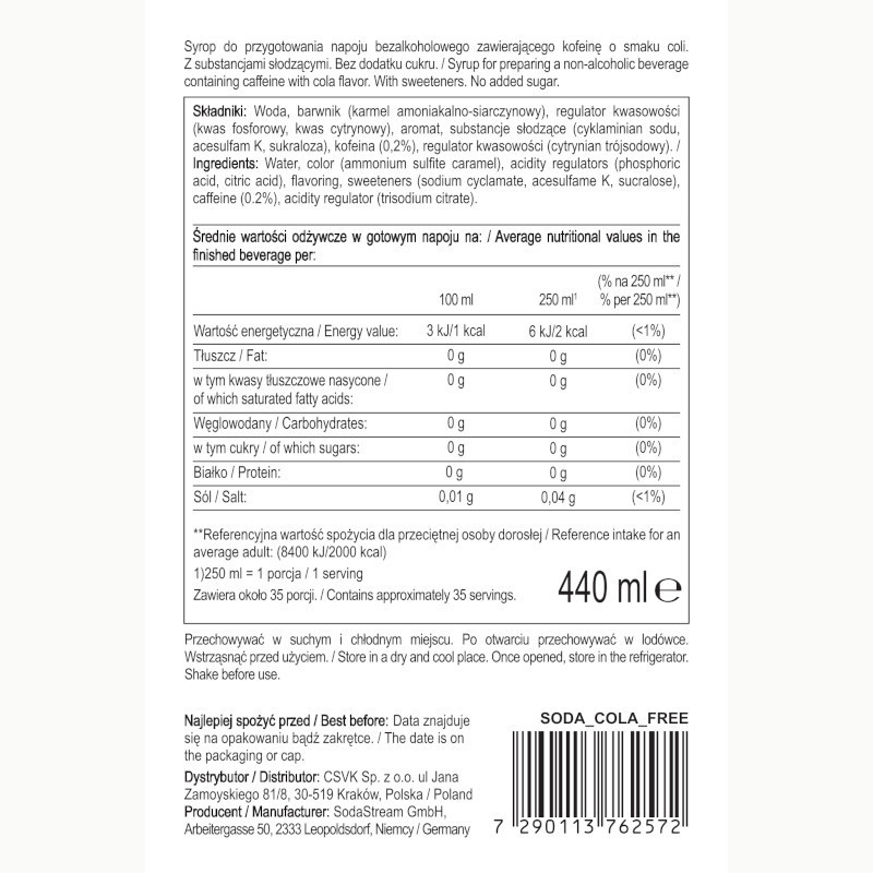 Syrop (koncentrat) Cola bez cukru do saturatora SodaStream 440 ml