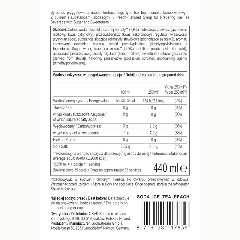 Syrop (koncentrat) Lipton Ice Tea Brzoskwinia do saturatora SodaStream 440 ml Syrop (koncentrat) Lipton Ice Tea Brzoskwinia do saturatora SodaStream 440 ml