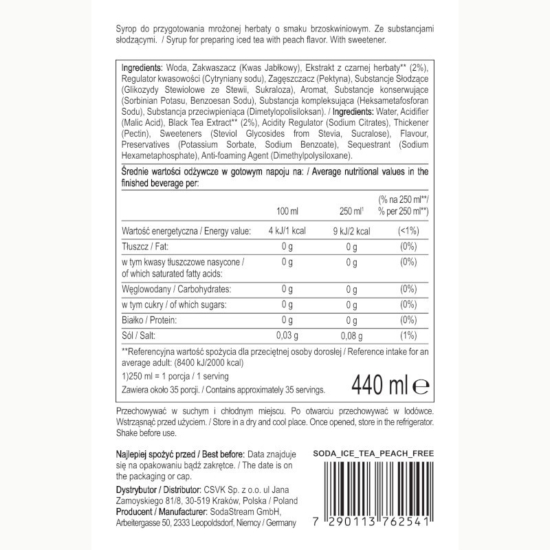 Syrop (koncentrat) Lipton Ice Tea Brzoskwinia bez cukru do saturatora SodaStream 440 ml Syrop (koncentrat) Lipton Ice Tea Brzoskwinia bez cukru do saturatora SodaStream 440 ml