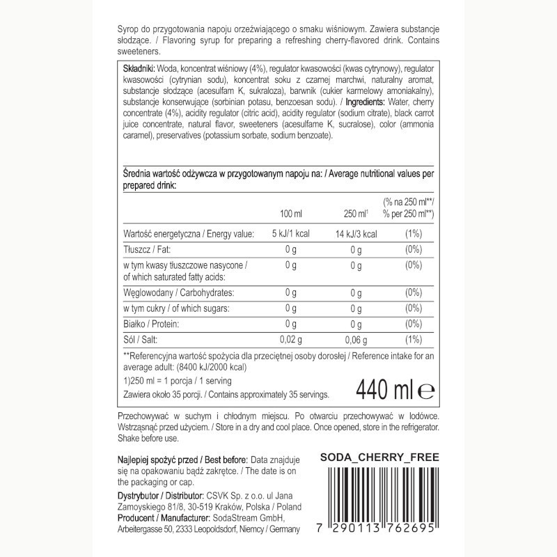 Syrop (koncentrat) Wiśnia bez cukru do saturatora SodaStream 440 ml