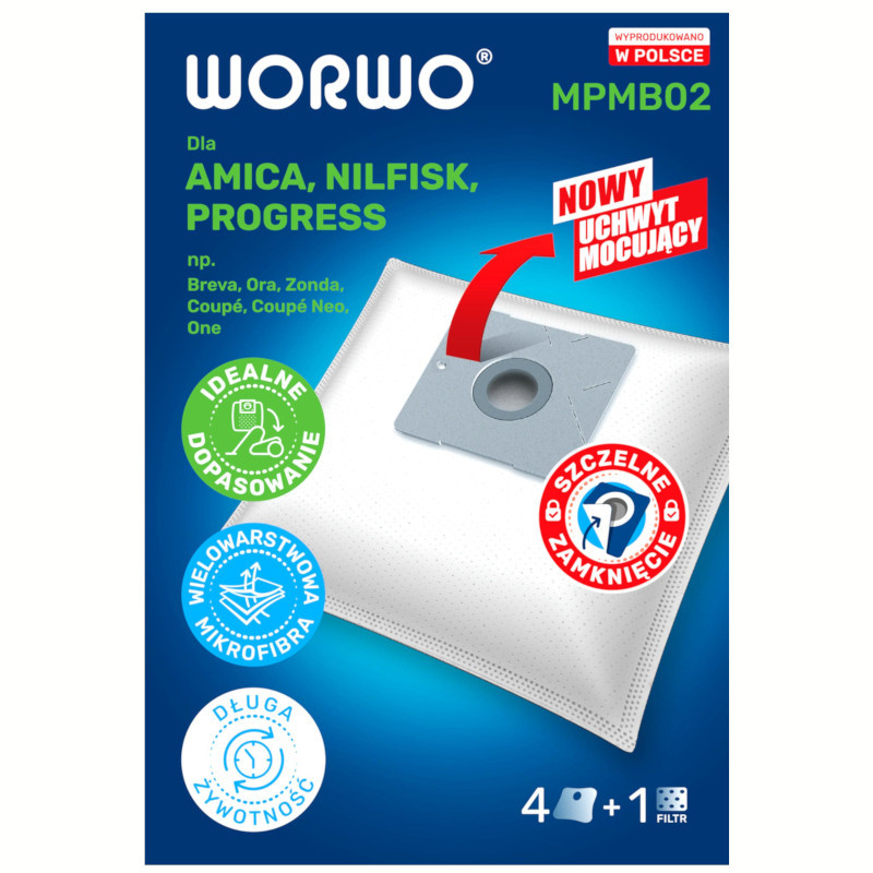 Worki syntetyczne Worwo dla Amica, Nilfisk, Progress 4 szt. + filtr wlotowy