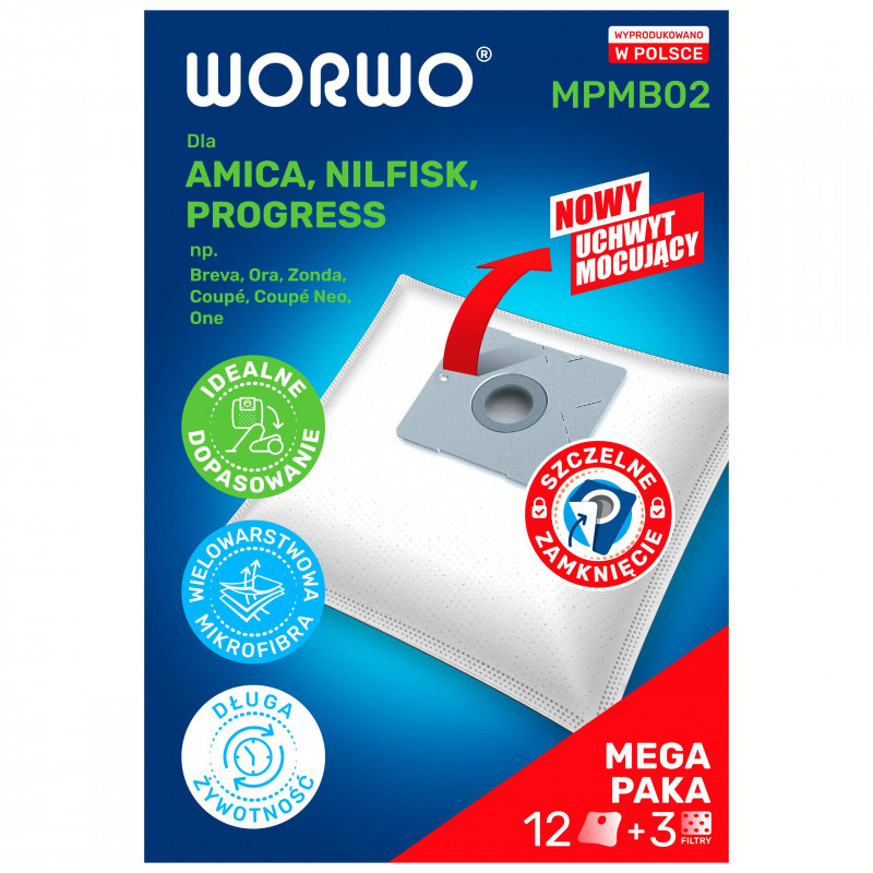 Worki syntetyczne Worwo dla Amica, Nilfisk, Progress 12 szt. + 3 filtry wlotowe