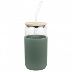 Szklany kubek Aquafloow 500 ml w zielonym silikonowym etui z 2 słomkami w zestawie