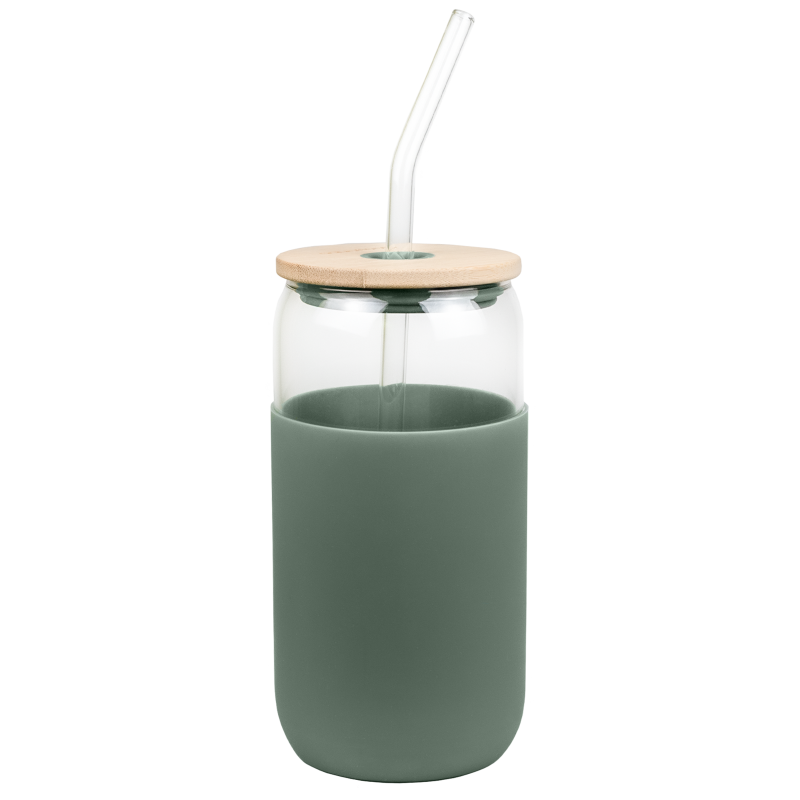 Szklany kubek Aquafloow 500 ml w zielonym silikonowym etui z 2 słomkami w zestawie Szklany kubek Aquafloow 500 ml w zielonym silikonowym etui z 2 słomkami w zestawie