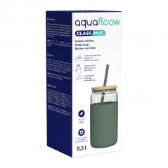 Szklany kubek Aquafloow 500 ml w zielonym silikonowym etui z 2 słomkami w zestawie