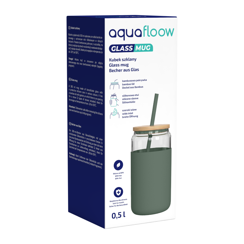 Szklany kubek Aquafloow 500 ml w zielonym silikonowym etui z 2 słomkami w zestawie Szklany kubek Aquafloow 500 ml w zielonym silikonowym etui z 2 słomkami w zestawie