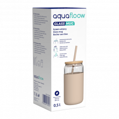 Szklany kubek Aquafloow 500 ml w beżowym silikonowym etui z 2 słomkami w zestawie