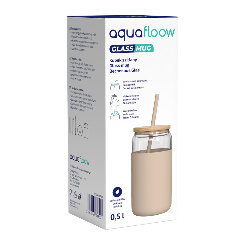 Szklany kubek Aquafloow 500 ml w beżowym silikonowym etui z 2 słomkami w zestawie Szklany kubek Aquafloow 500 ml w beżowym silikonowym etui z 2 słomkami w zestawie