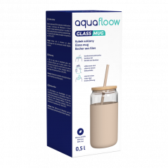 Szklany kubek Aquafloow 500 ml w beżowym silikonowym etui z 2 słomkami w zestawie