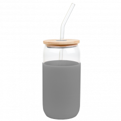 Szklany kubek Aquafloow 500 ml w szarym silikonowym etui z 2 słomkami w zestawie