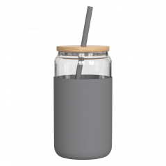 Szklany kubek Aquafloow 500 ml w szarym silikonowym etui z 2 słomkami w zestawie