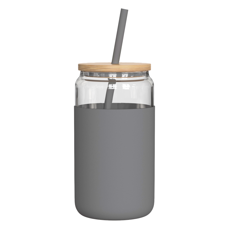 Szklany kubek Aquafloow 500 ml w szarym silikonowym etui z 2 słomkami w zestawie