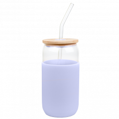 Szklany kubek Aquafloow 500 ml w fioletowym silikonowym etui z 2 słomkami w zestawie