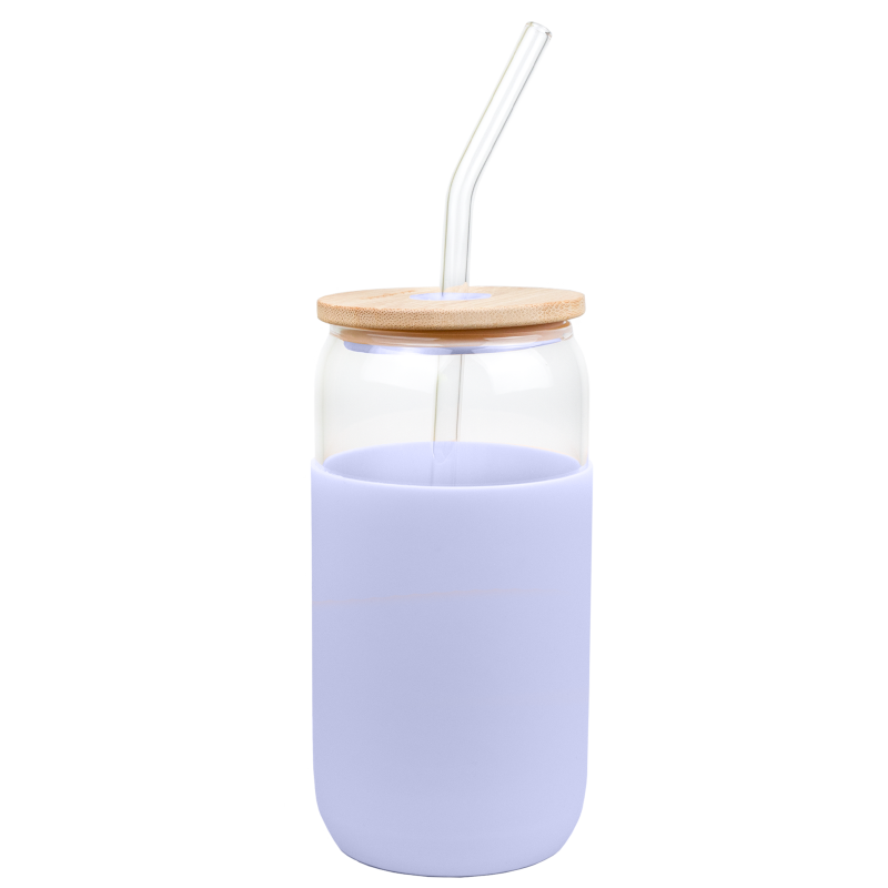Szklany kubek Aquafloow 500 ml w fioletowym silikonowym etui z 2 słomkami w zestawie Szklany kubek Aquafloow 500 ml w fioletowym silikonowym etui z 2 słomkami w zestawie