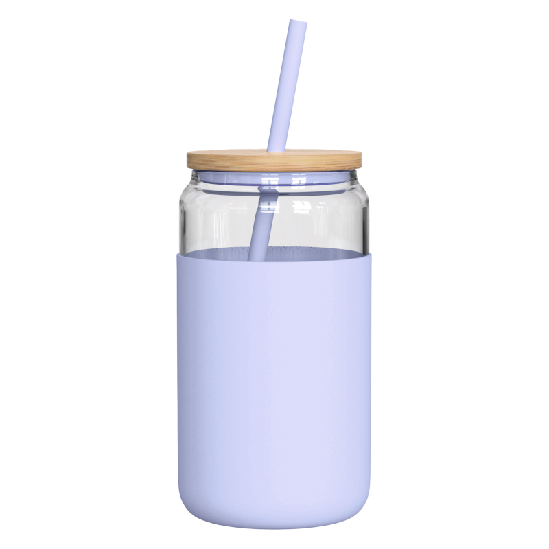 Szklany kubek Aquafloow 500 ml w fioletowym silikonowym etui z 2 słomkami w zestawie