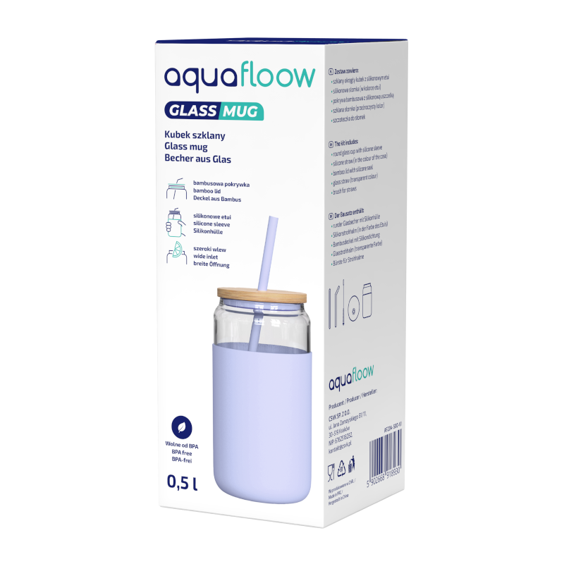 Szklany kubek Aquafloow 500 ml w fioletowym silikonowym etui z 2 słomkami w zestawie Szklany kubek Aquafloow 500 ml w fioletowym silikonowym etui z 2 słomkami w zestawie