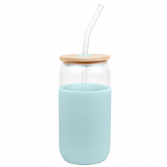 Szklany kubek Aquafloow 500 ml w jasnoniebieskim silikonowym etui z 2 słomkami w zestawie