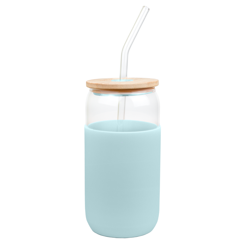 Szklany kubek Aquafloow 500 ml w jasnoniebieskim silikonowym etui z 2 słomkami w zestawie Szklany kubek Aquafloow 500 ml w jasnoniebieskim silikonowym etui z 2 słomkami w zestawie