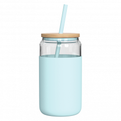 Szklany kubek Aquafloow 500 ml w jasnoniebieskim silikonowym etui z 2 słomkami w zestawie