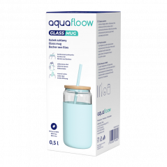 Szklany kubek Aquafloow 500 ml w jasnoniebieskim silikonowym etui z 2 słomkami w zestawie
