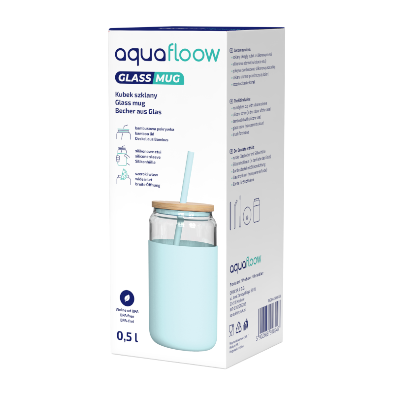 Szklany kubek Aquafloow 500 ml w jasnoniebieskim silikonowym etui z 2 słomkami w zestawie Szklany kubek Aquafloow 500 ml w jasnoniebieskim silikonowym etui z 2 słomkami w zestawie