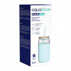 Szklany kubek Aquafloow 500 ml w jasnoniebieskim silikonowym etui z 2 słomkami w zestawie