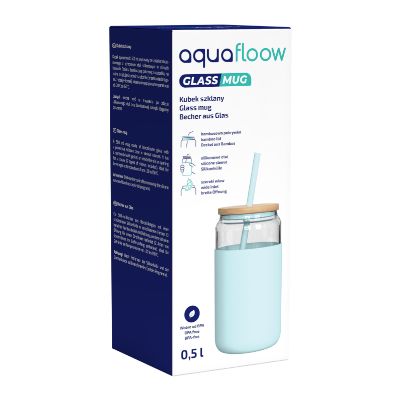 Szklany kubek Aquafloow 500 ml w jasnoniebieskim silikonowym etui z 2 słomkami w zestawie Szklany kubek Aquafloow 500 ml w jasnoniebieskim silikonowym etui z 2 słomkami w zestawie