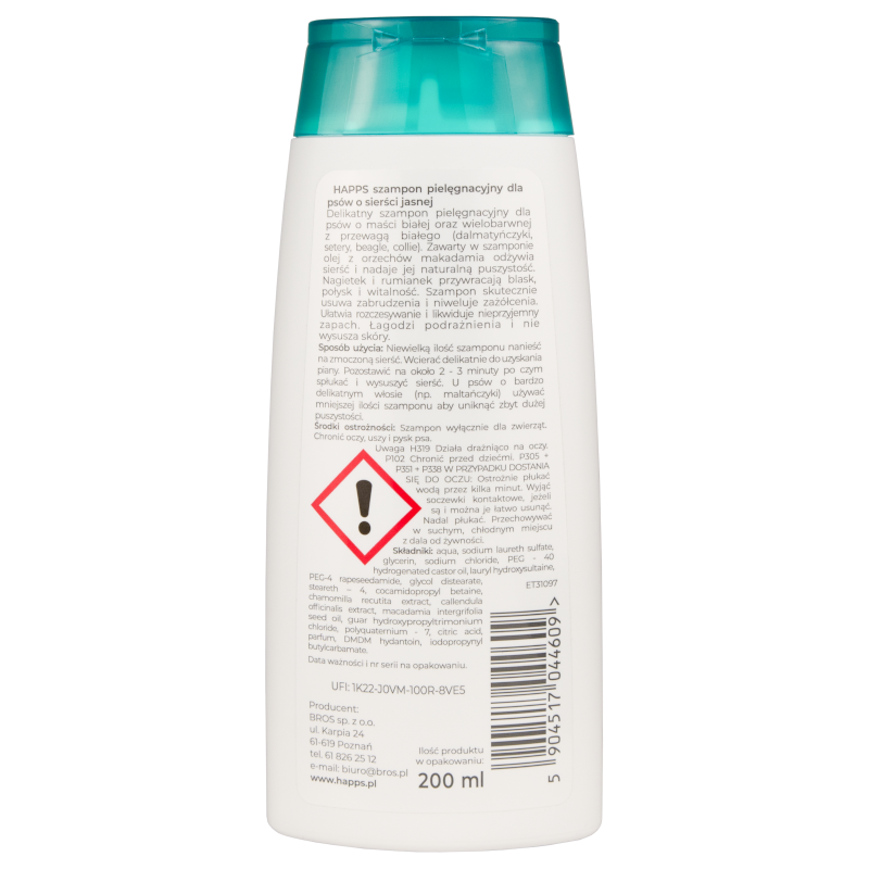 Szampon pielęgnacyjny dla psów o sierści jasnej Happs 200 ml Szampon pielęgnacyjny dla psów o sierści jasnej Happs 200 ml
