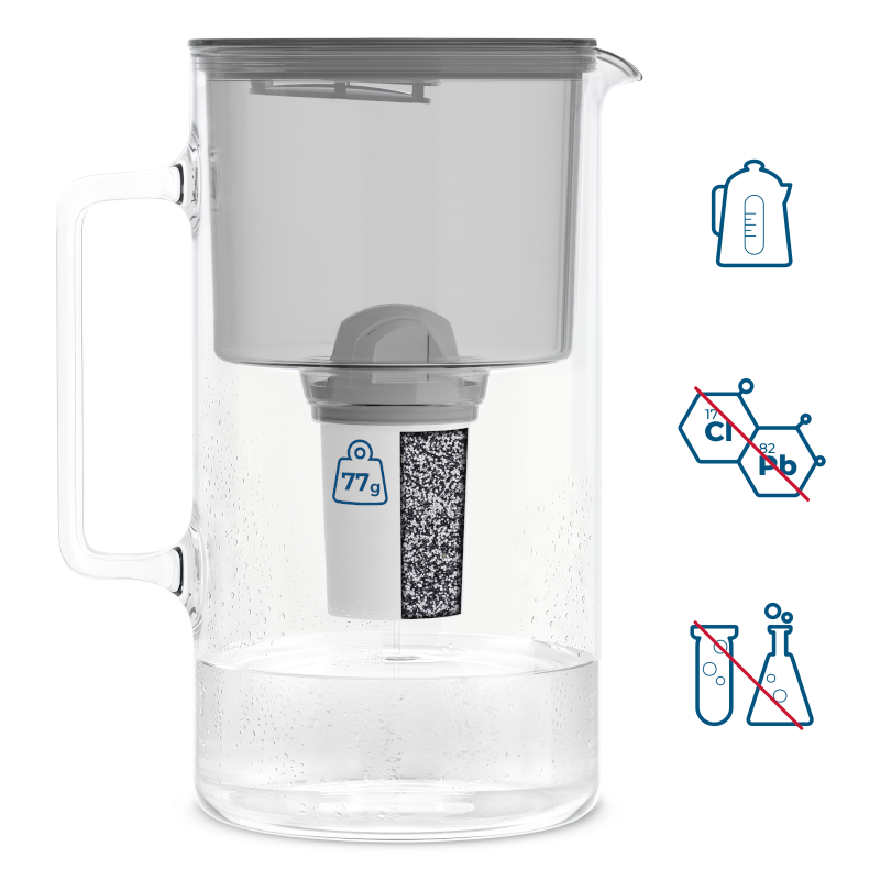 Dzbanek filtrujący szklany Wessper D2 Borosilicate 3 l szary w zestawie z 2 filtrami Aquaclassic