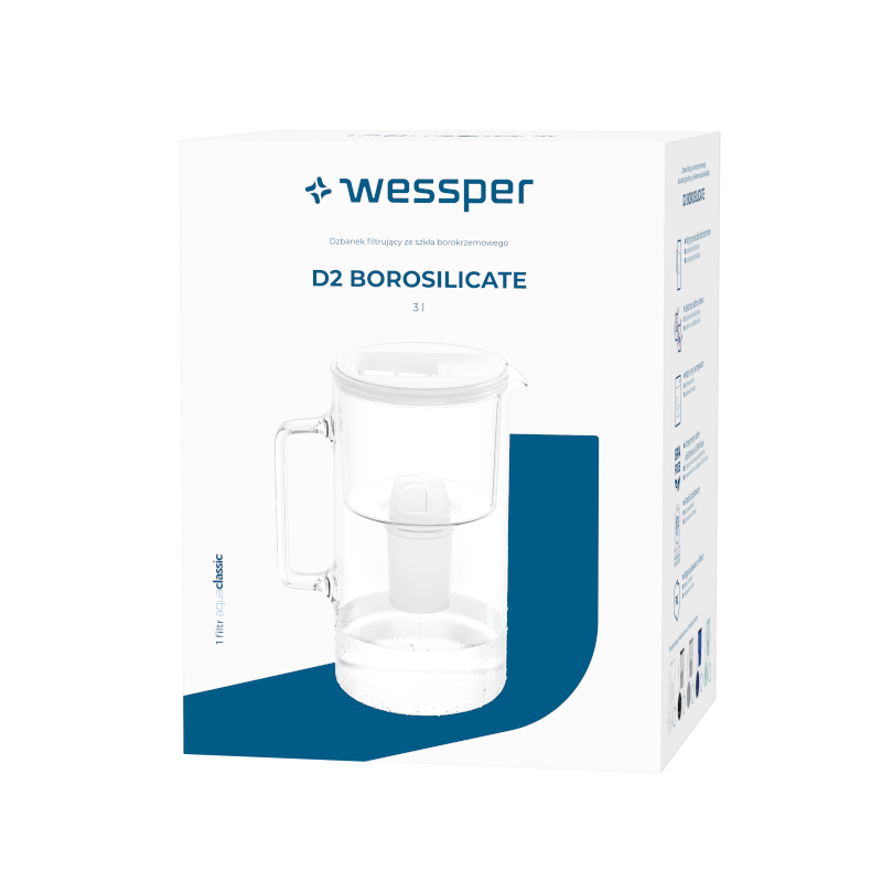 Dzbanek filtrujący szklany Wessper D2 Borosilicate 3 l szary w zestawie z 2 filtrami Aquaclassic