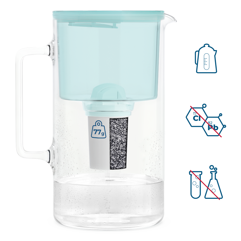 Dzbanek filtrujący szklany Wessper D2 Borosilicate 3 l miętowy w zestawie z 2 filtrami Aquaclassic