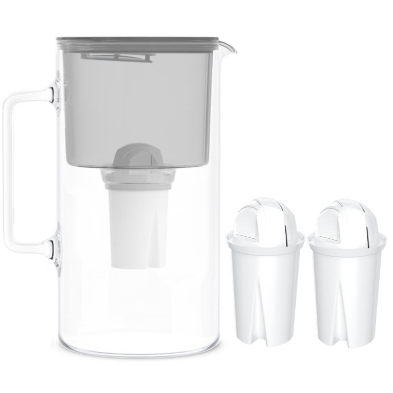 Dzbanek filtrujący szklany Wessper D2 Borosilicate 3 l szary w zestawie z 2 filtrami Aquaclassic