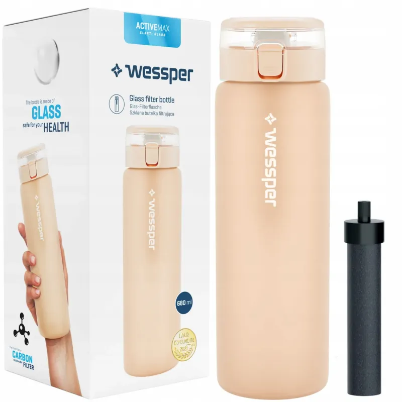 Butelka filtrująca szklana Wessper ActiveMax Clarti Glass beżowa 680 ml